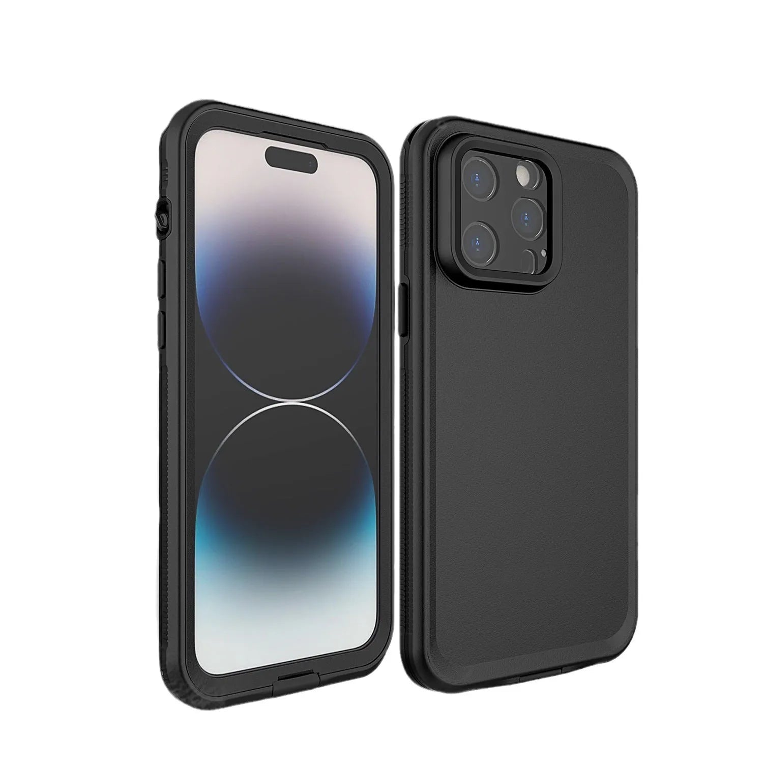 Black frosted waterproof iPhone case with magnetic suction function shown next to a phone.
