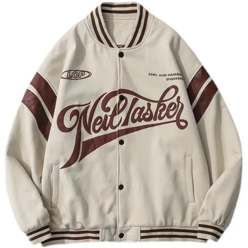 Loose unisex baseball jacket with stand-up collar in colour matching design, available in Black Khaki Lake blue