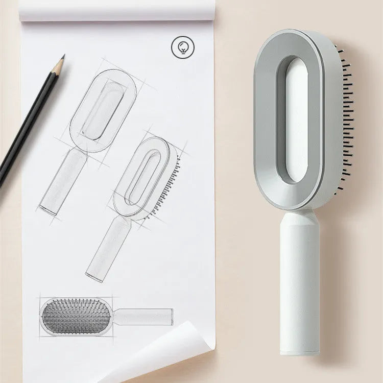 Self-cleaning air cushion hair brush in white, black gold, or black purple with ergonomic handle