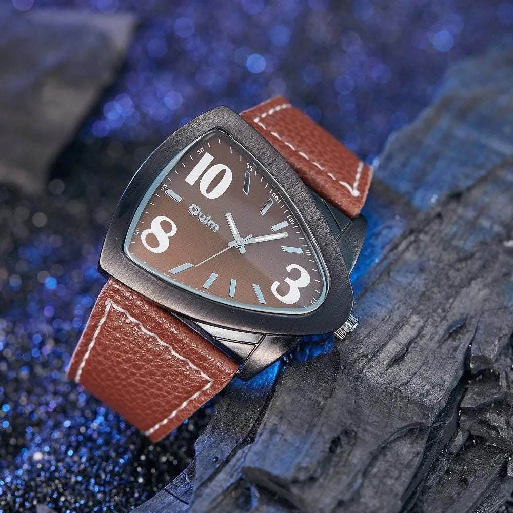 Men's casual watch with triangular belt strap in black, shown on wrist.