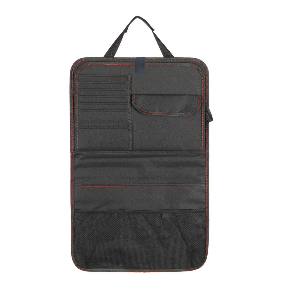 Black Oxford cloth car seat back storage bag with multi pockets and red stitching, 38x60cm