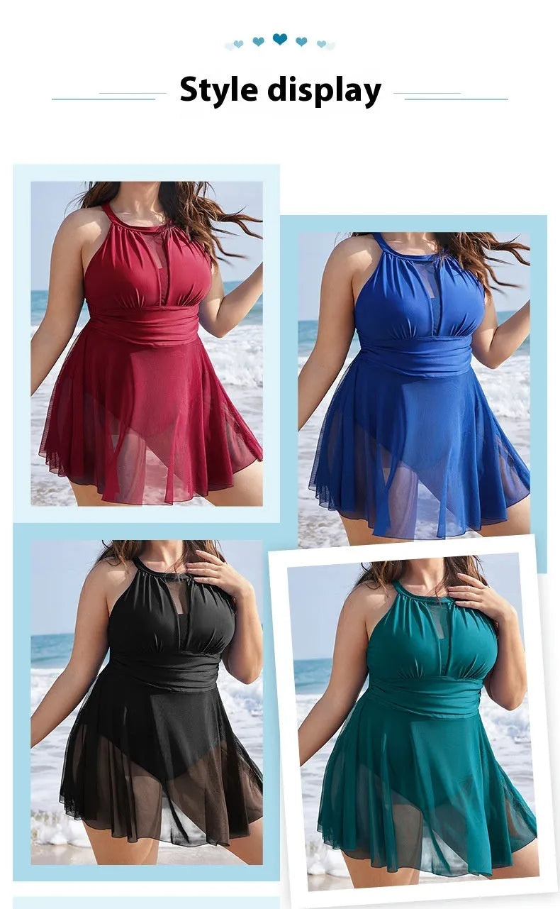 Black women's one-piece swimsuit with round neck and lace detail on a mannequin.