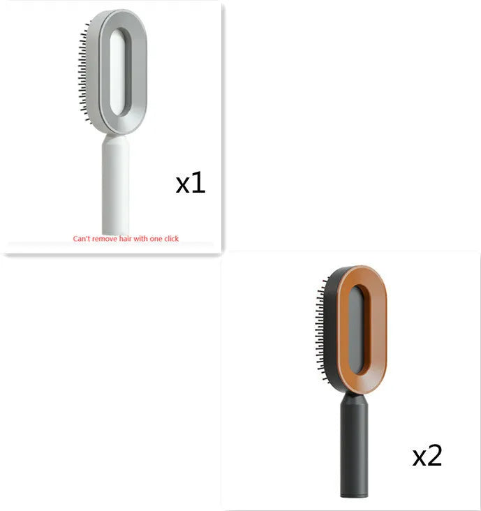 Self-cleaning air cushion hair brush in white, black gold, or black purple with ergonomic handle