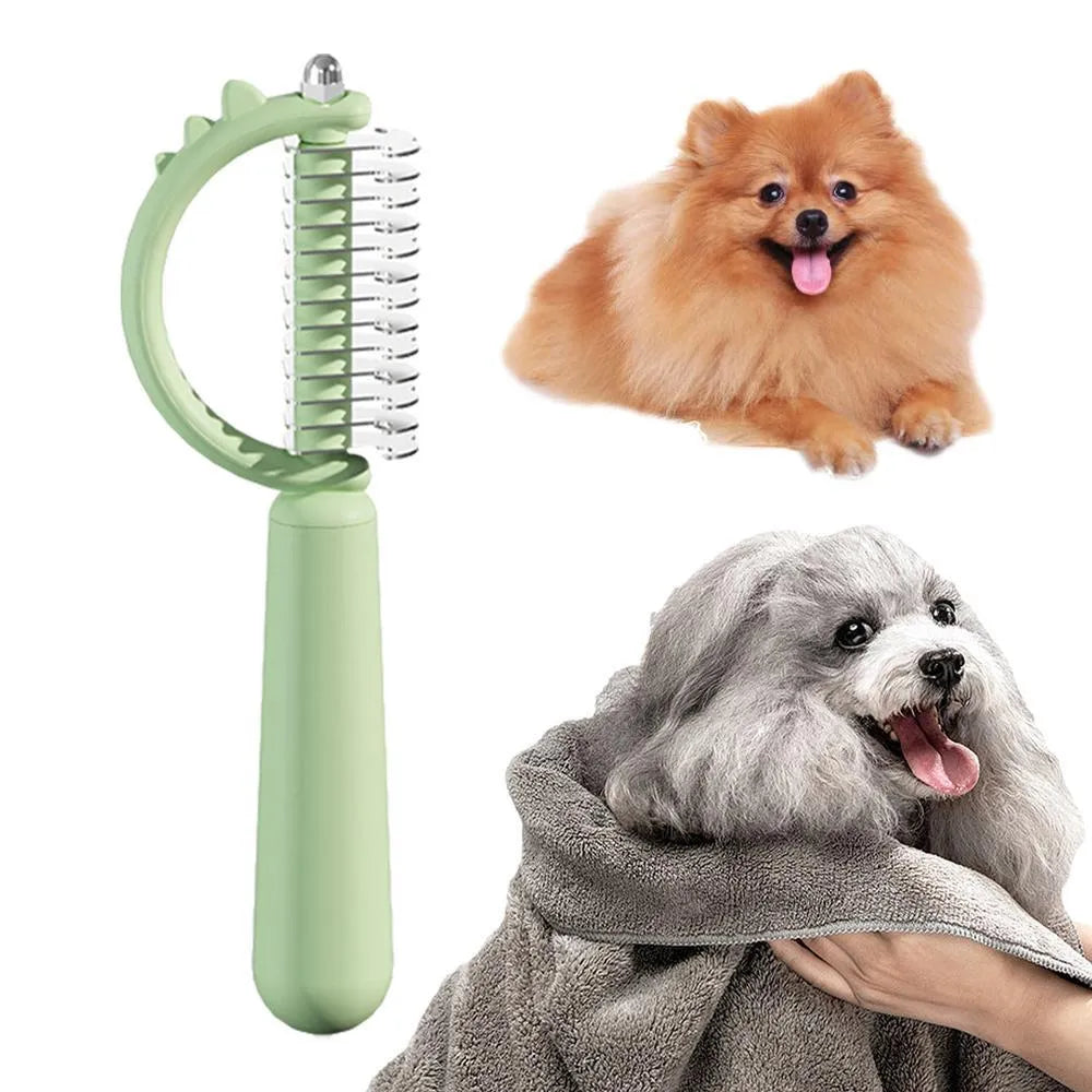 Dinosaur shaped double-sided self-cleaning cat brush with stainless steel pins