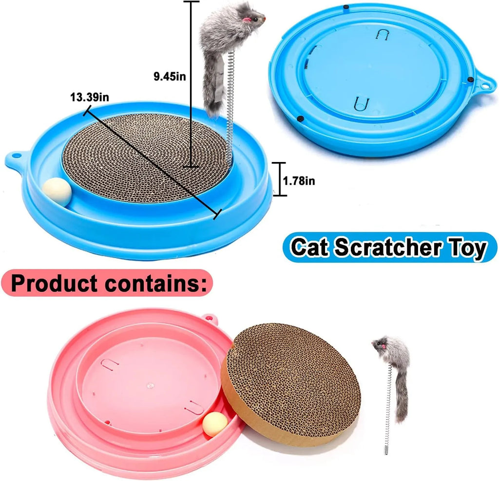 Blue interactive cat scratcher toy with ball track and replaceable corrugated cardboard scratching pad