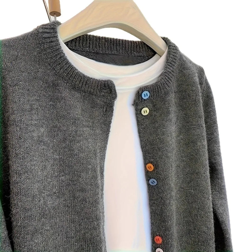 Dark grey women's polyester cardigan with button front and regular sleeves