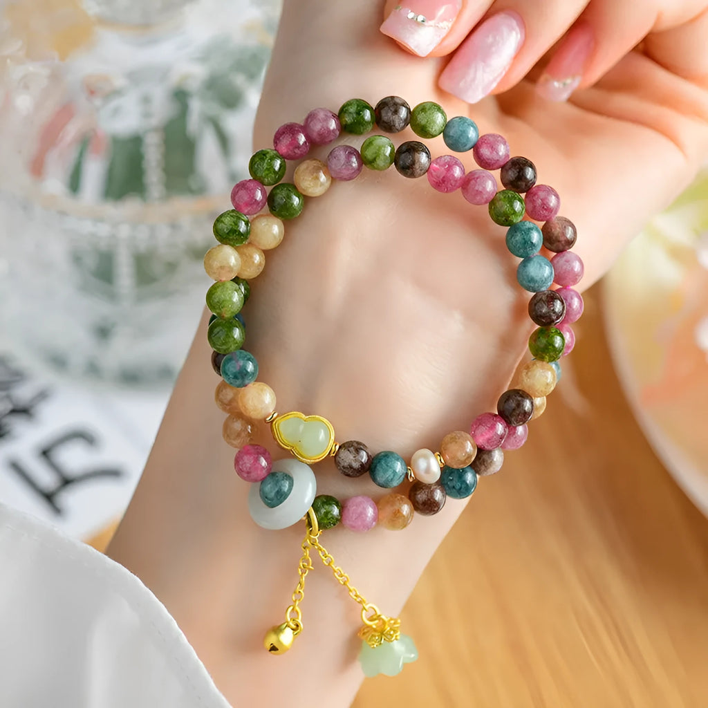 Women's natural chalcedony double ring bracelet with geometric 6-6.5mm beads in C118 colour