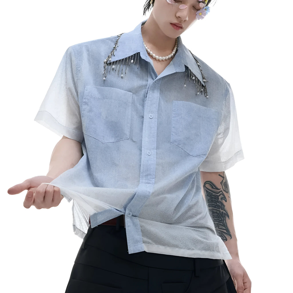 Men's loose fit blue and white gradient short sleeve shirt with quilted pattern