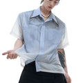 Men's loose fit blue and white gradient short sleeve shirt with quilted pattern