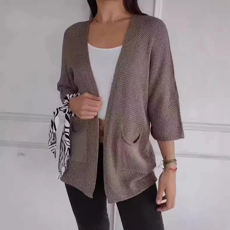 Women's waffle knit cardigan coat with nine-quarter sleeves in army green colour with side pockets