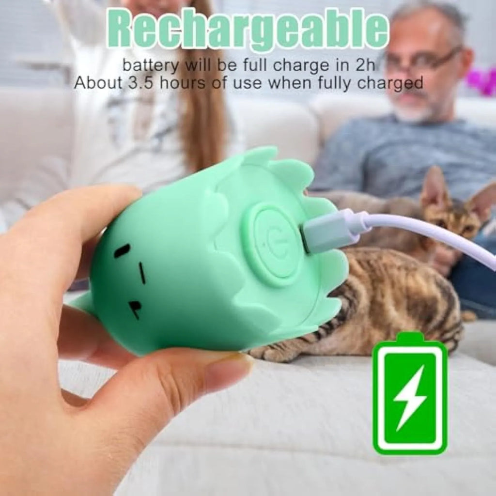 Green rechargeable automatic cat wand toy with swinging silicone tail on a white background.