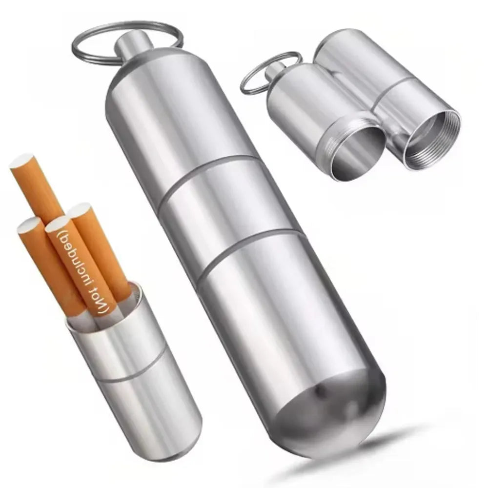 Portable waterproof sealed metal medicine box in aluminium alloy, shown in silver 87mm, granny grey 105mm and lead gray 122mm sizes.