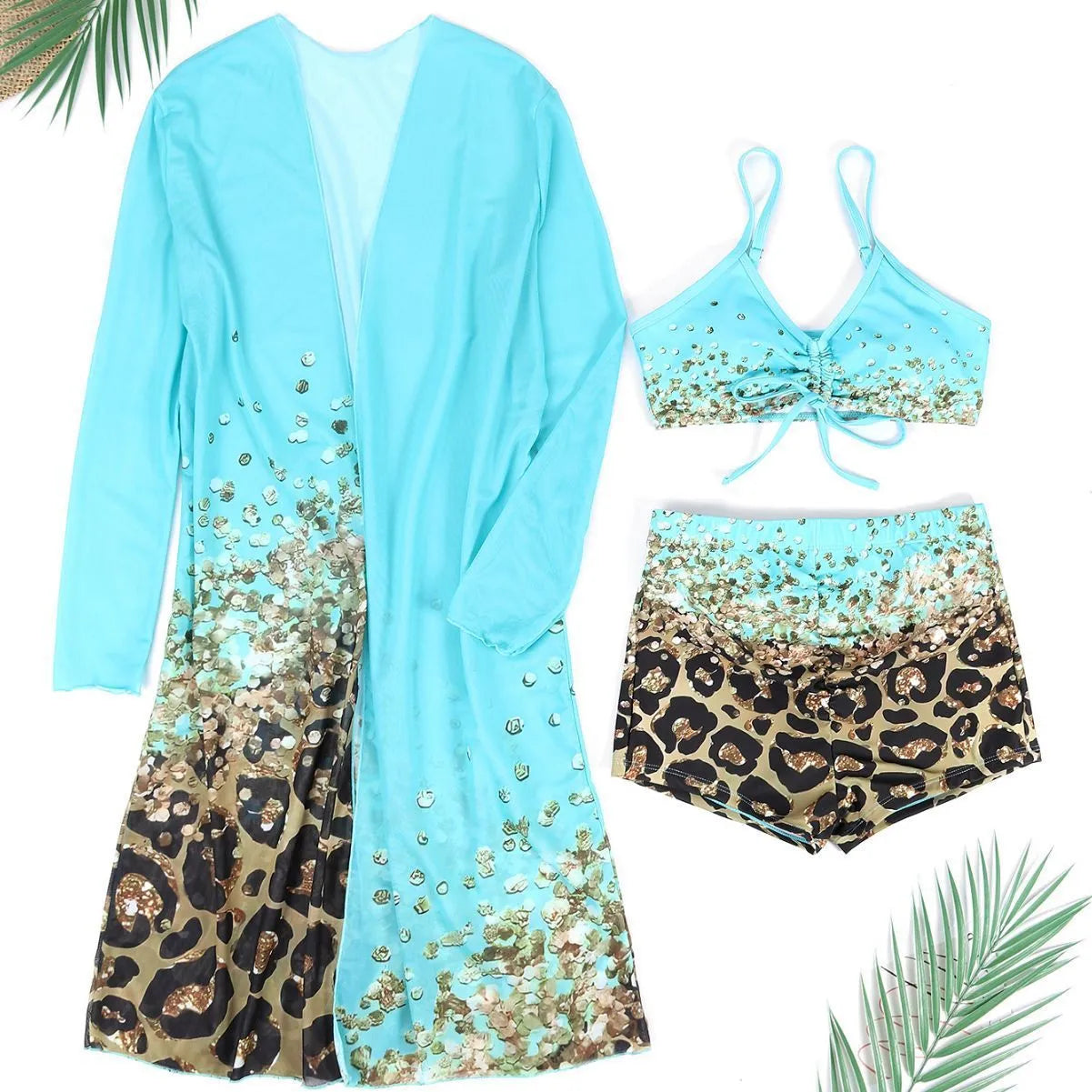 Women's lake blue swimsuit set with sleeveless sling top and high waist shorts