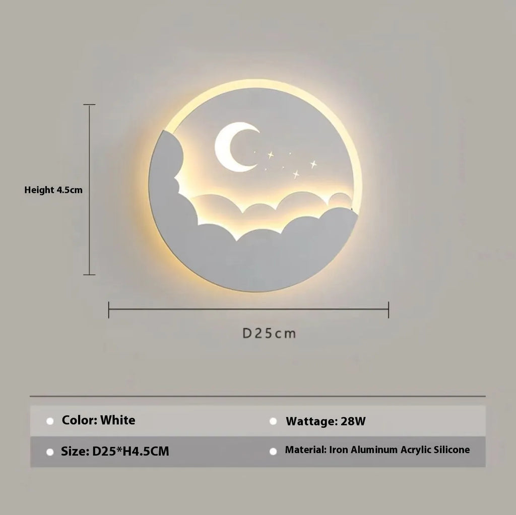 Modern minimalist bedside wall lamp with 28W, 25cm diameter, and adjustable light colour on a hallway wall
