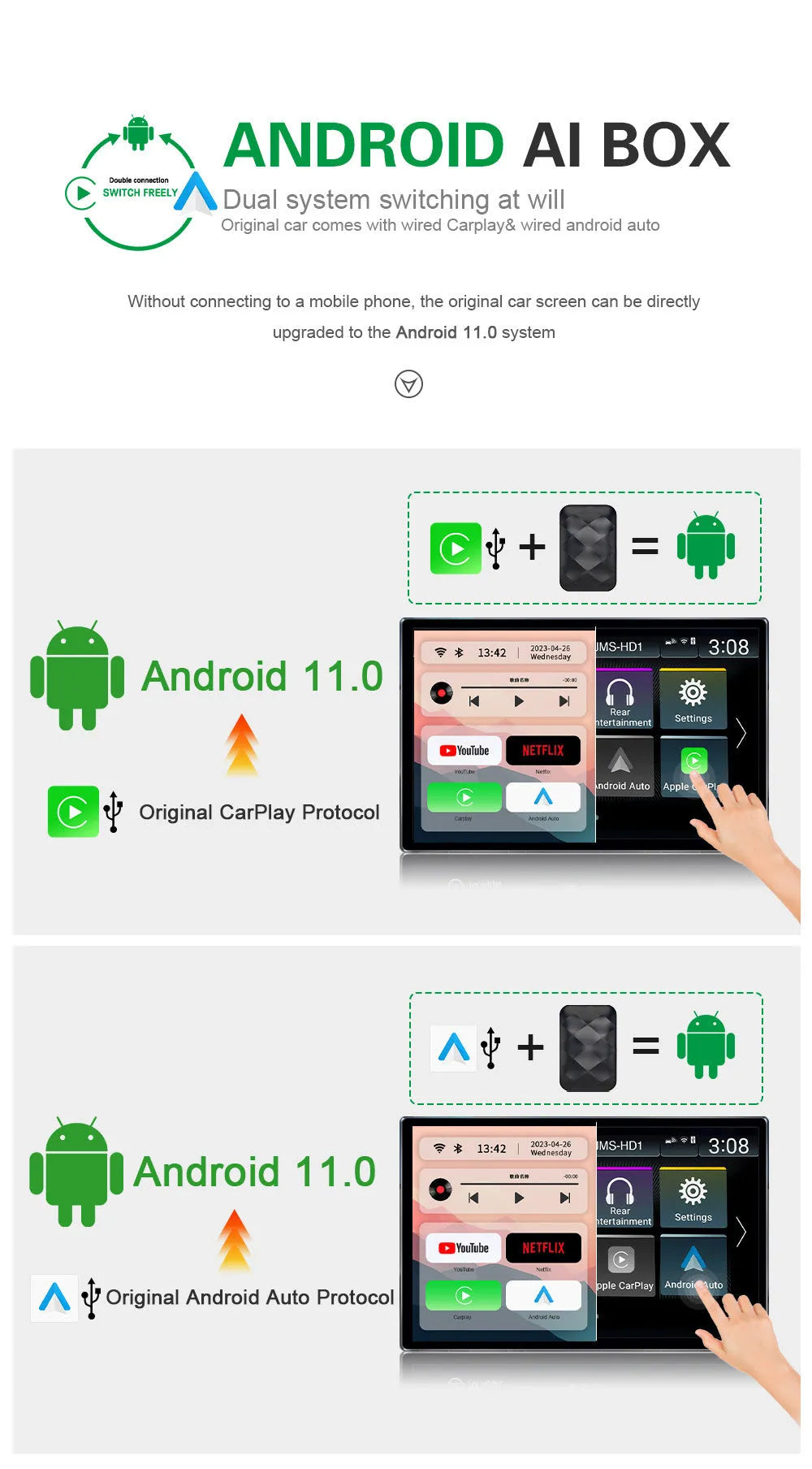 CarPlay Android Auto upgrade smart box for original car systems with Android 11 and wireless connectivity