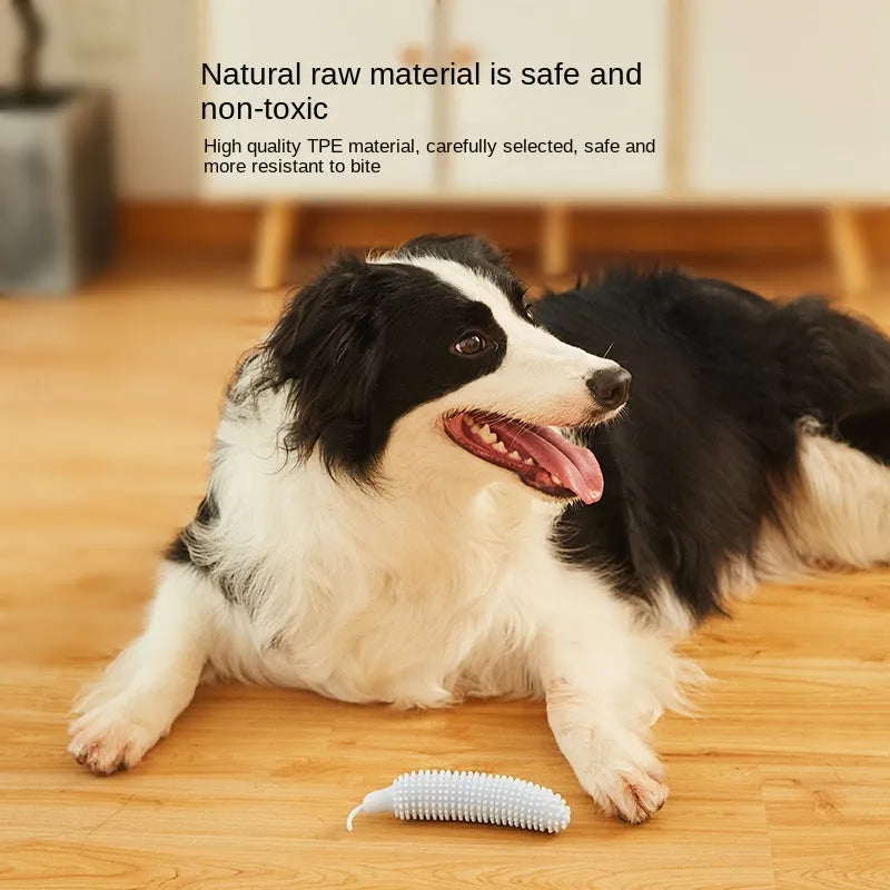 Green cucumber-shaped dog chew toy for teething and interactive play.
