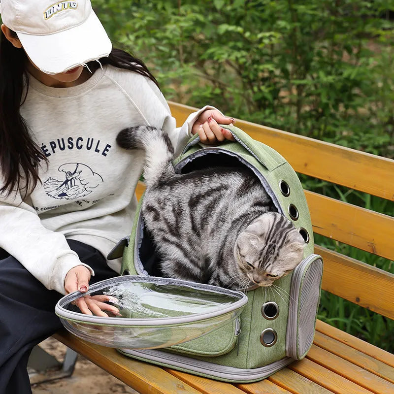 Portable transparent pet backpack for cats and small dogs up to 6.5kg in black, grey, green, or khaki