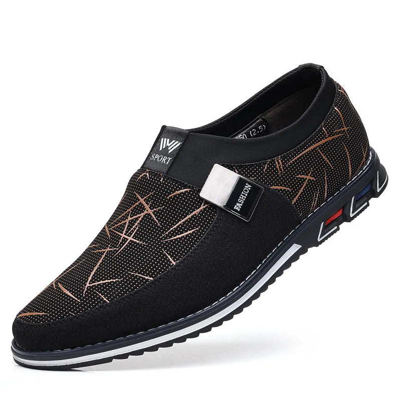 Men's synthetic leather slip-on casual shoe in black, showing square toe and flat rubber sole.