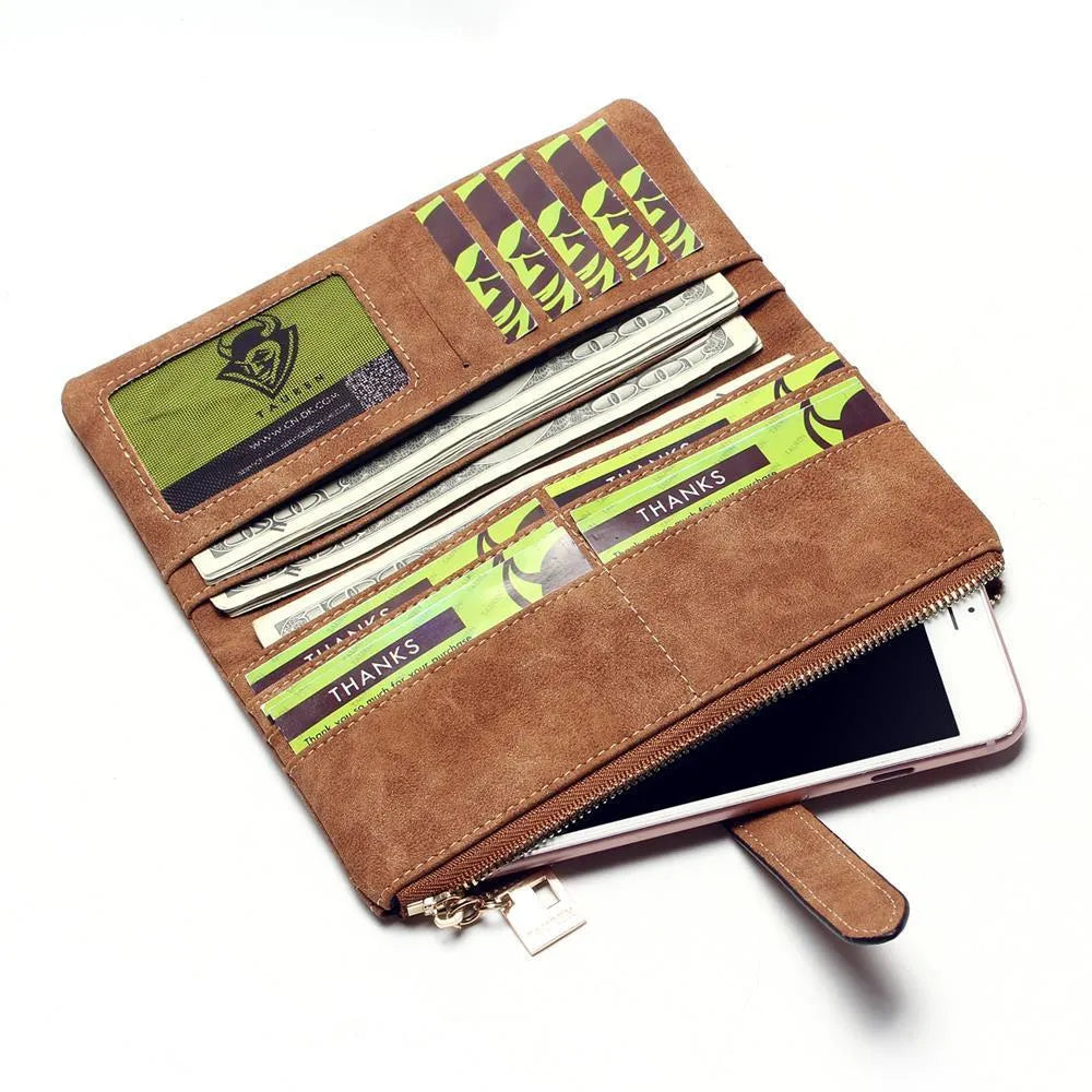 TAUREN women's retro matte leather long wallet open showing internal card slots and zip pocket