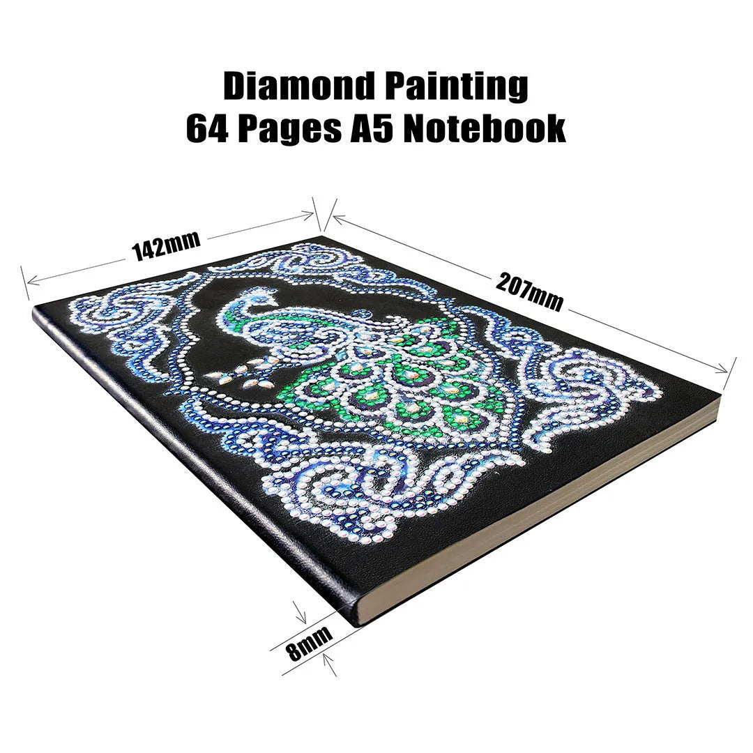 Black A5 diamond painting notebook for peacock art with shaped and bright drills.