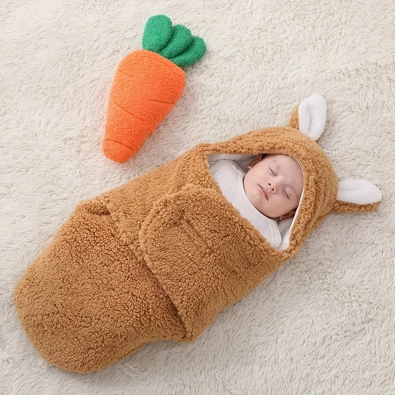 A baby wearing a soft grey fleece sleeping bag with hook-and-loop shoulder straps.