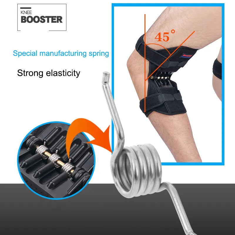 Black adjustable spring knee brace support for patella, shown on a knee with straps and venting holes.