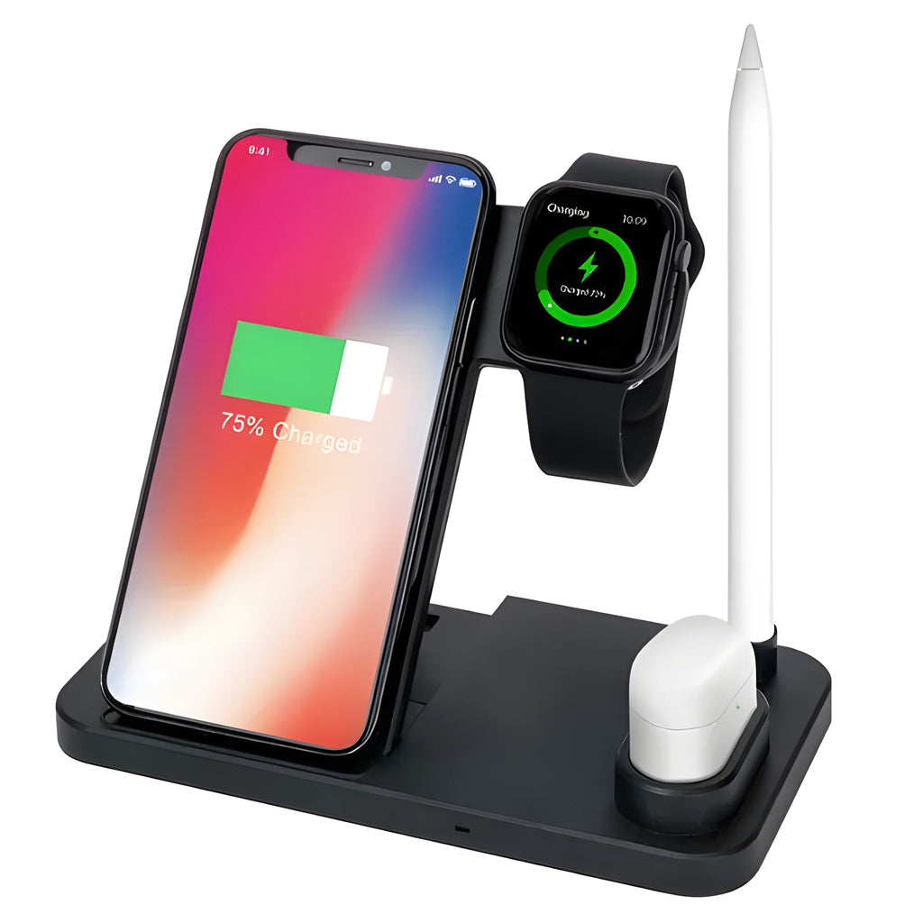 4-in-1 adjustable wireless charging station charging a phone, Apple Watch, and AirPods.