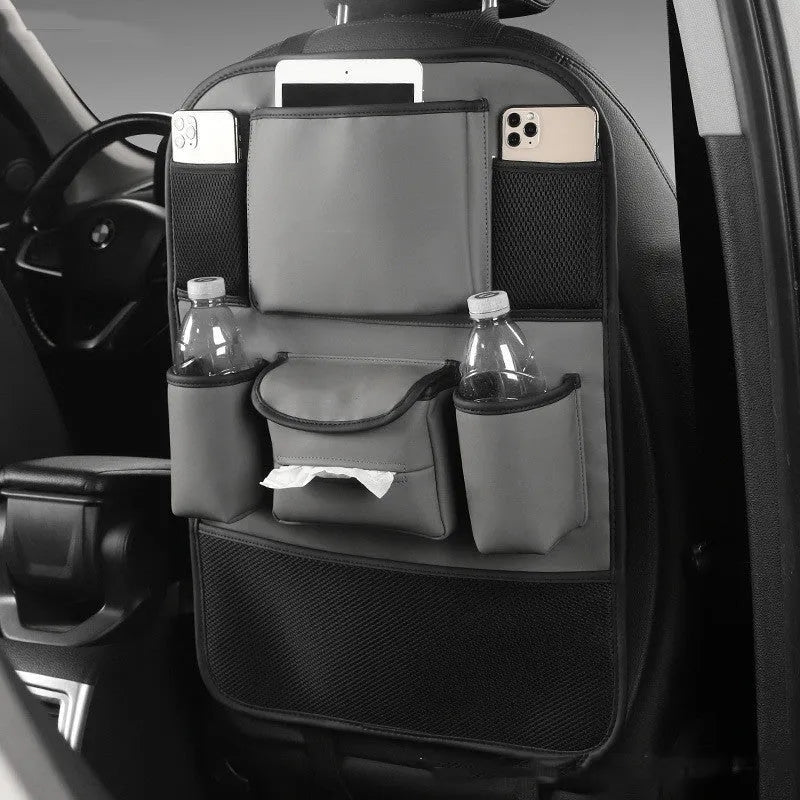 Genuine leather car seat back storage bag in black, grey, green, or brown colour options
