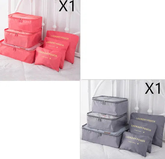6 PCS travel storage bag set in polyester with handbag shape, multiple colour options for clothes and cosmetic organisation