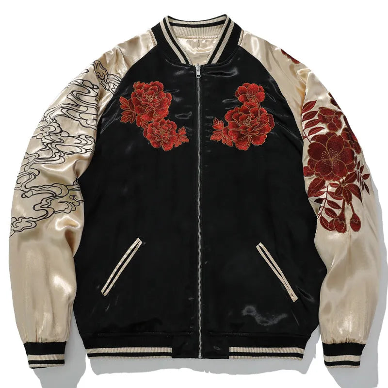 Men's satin jacket with lion king embroidery and animal pattern in champagne or faint blue, sizes M-3XL