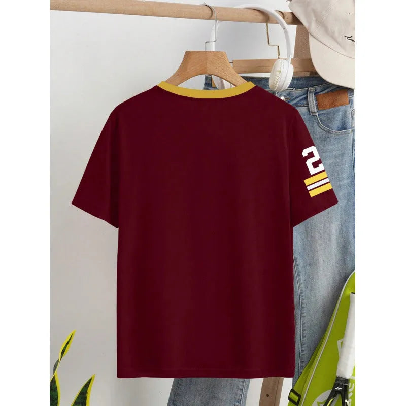 Loose fit red cotton T-shirt with printed letter design and short sleeves