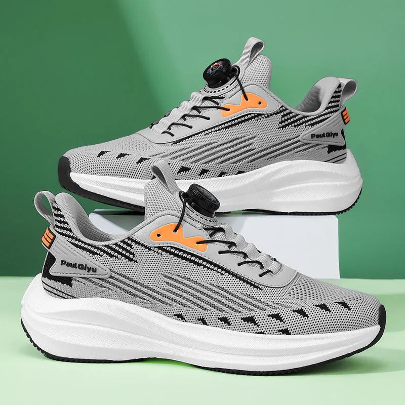 Men's white green rotating buckle fly-kit mesh sports shoes with TPU popcorn sole showing lace-up front and shallow opening design