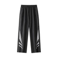 Men's black plus-size straight-leg casual trousers on a grey background, showing button detail and loose fit.