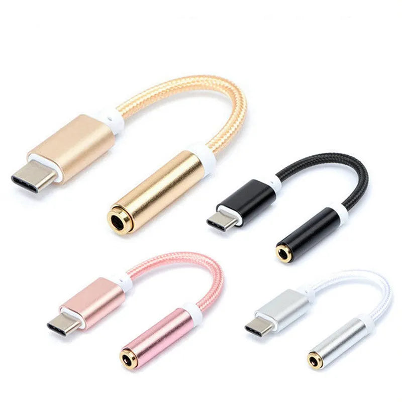 Weaving Type-C to 3.5mm headphone adapter cable in metallic colours with nylon braid.