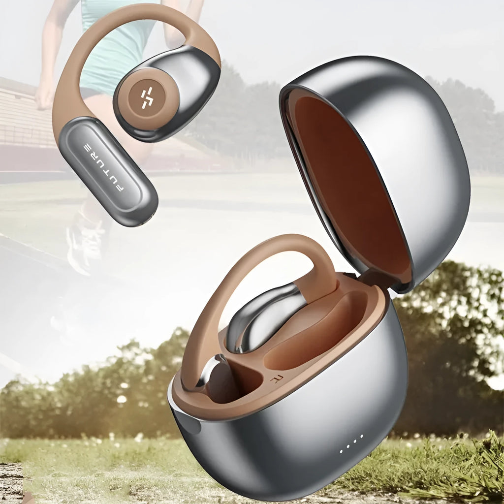 Bluetooth bone conduction headset in ear-hook style, black and gray colour, with charging case