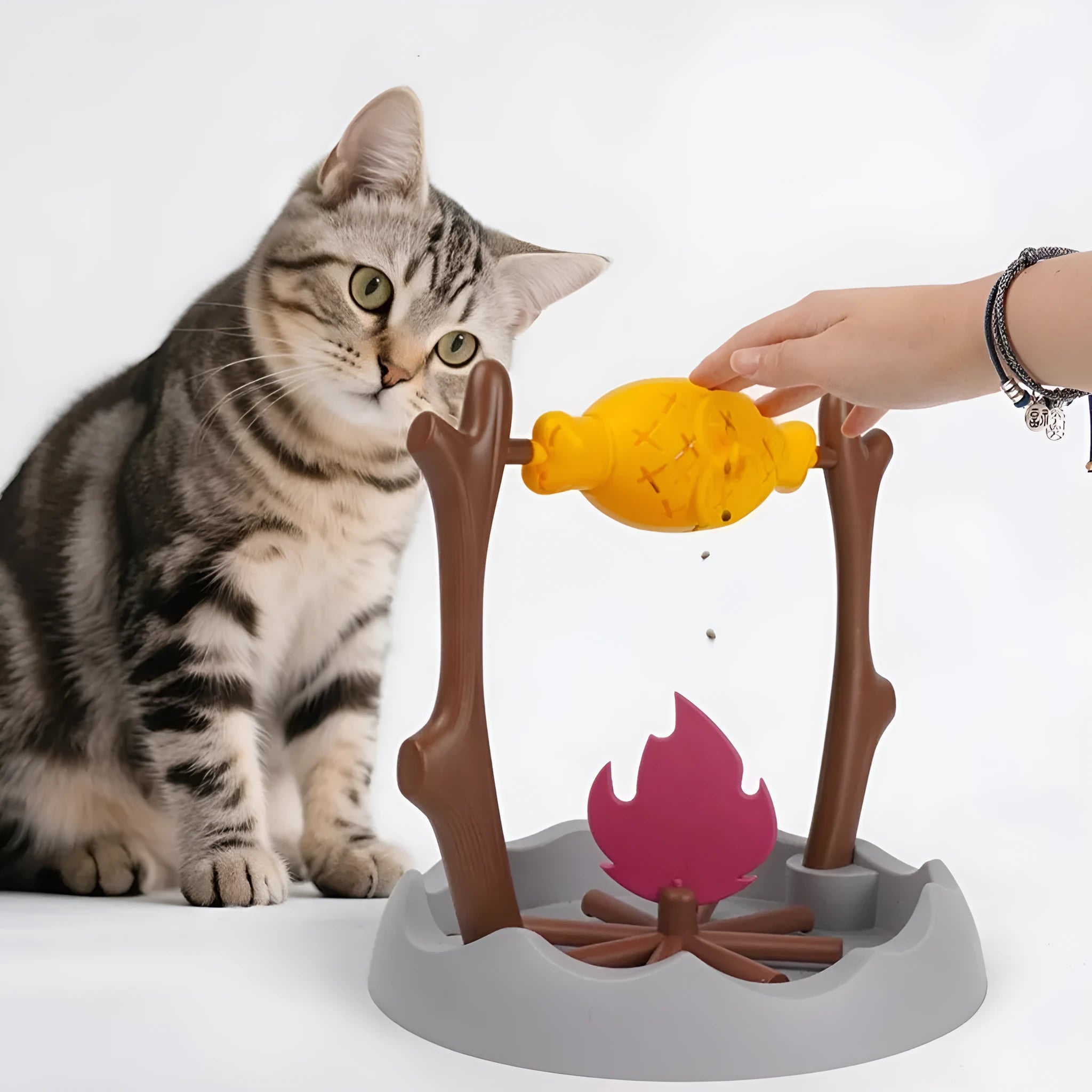 Tumbling plastic cat feeder toy for slow feeding and play, shown in dimensions of 30 by 29 centimetres.