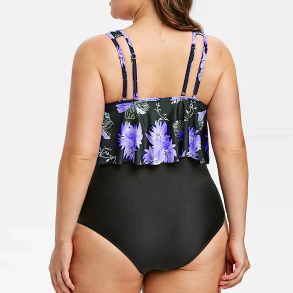 High waist lotus print swimsuit in polyester fibre, available in blue colour, sizes XL to 5XL