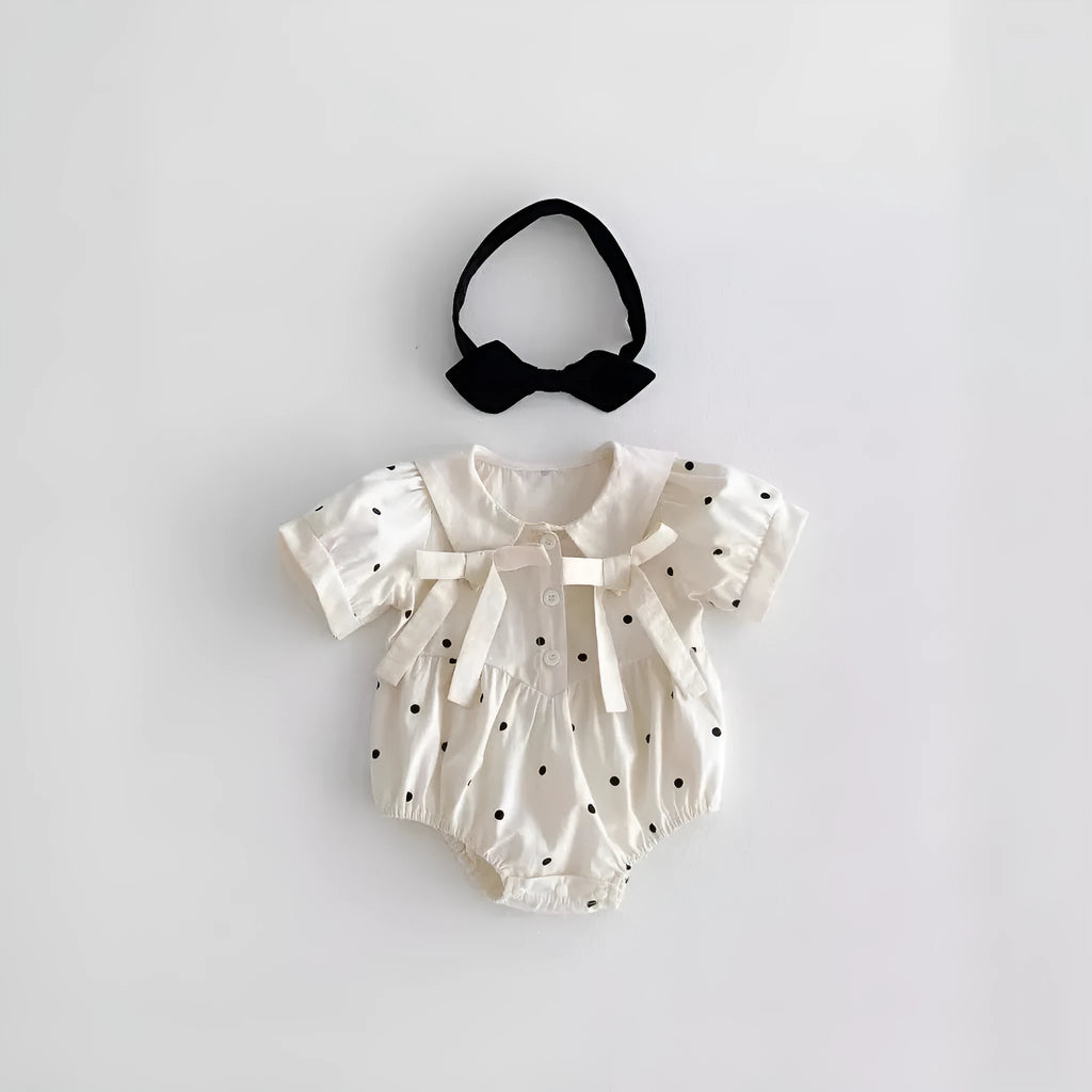 Girls' light beige polka dot jumpsuit with matching headband, Korean style, cotton, baby romper size 66-100cm