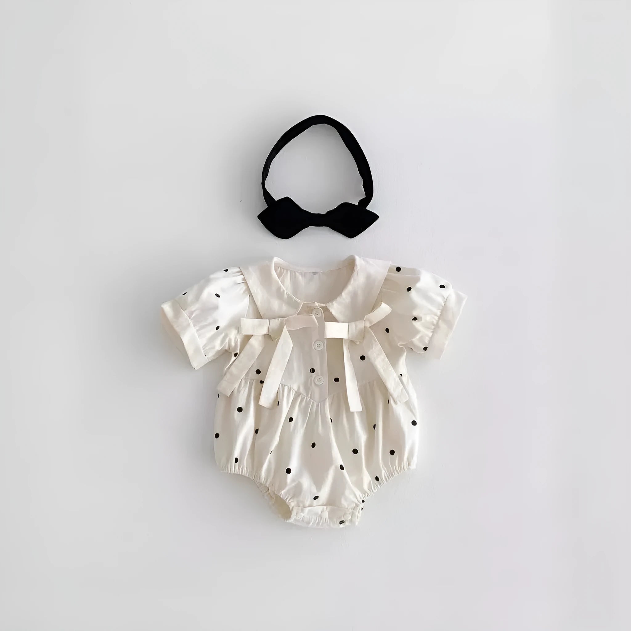 Girls' light beige polka dot jumpsuit with matching headband, Korean style, cotton, baby romper size 66-100cm