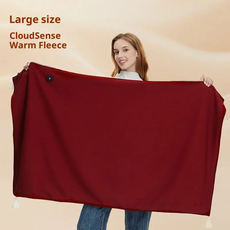 Solid colour electric shawl blanket with mobile power bank in beige, green, and red options