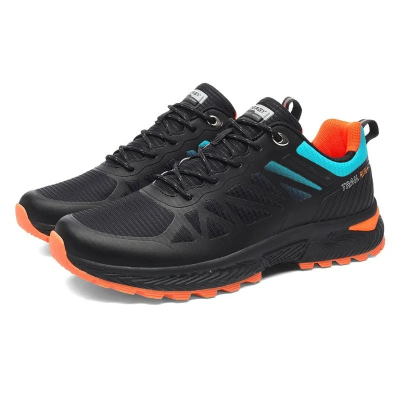 Men's plus size black mesh running shoe with lace-up front and round toe on a plain background.