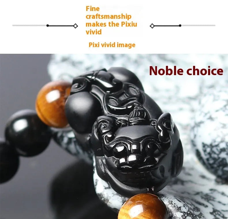 Black Mexico Gold Sheen Obsidian Pi Xiu crystal bracelet with ethnic design