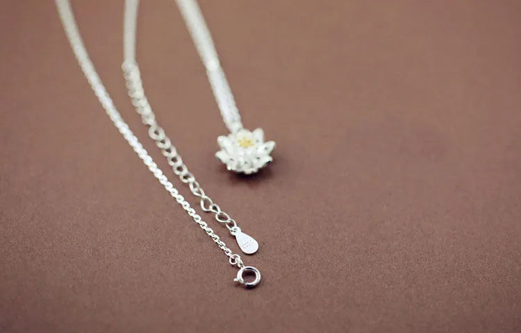 S925 sterling silver lotus necklace with O-ring chain and silver flower pendant for women, PL205 series
