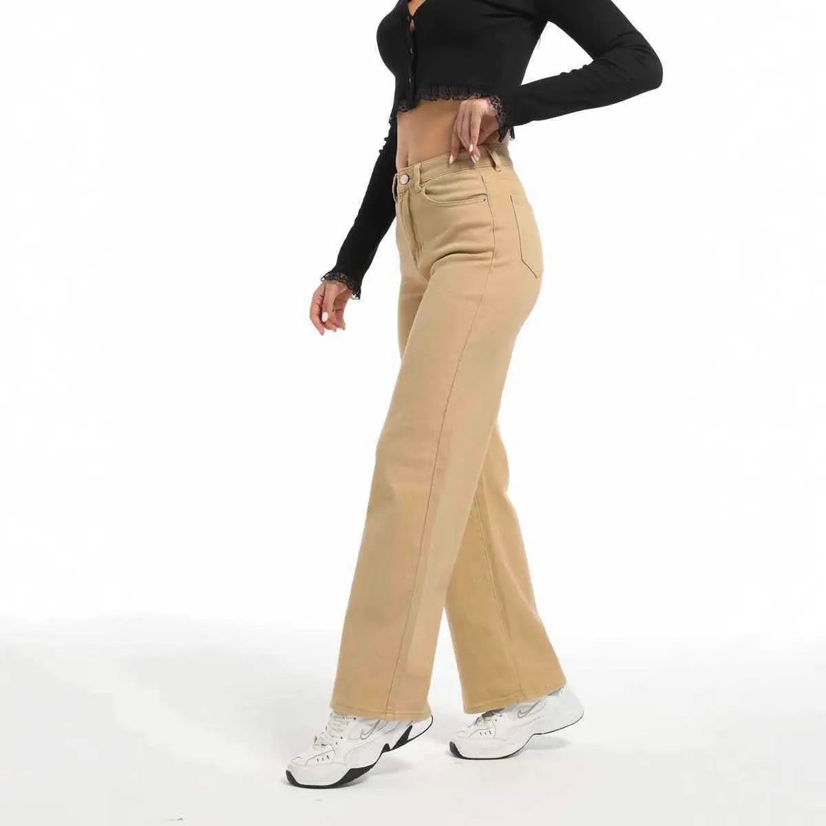 Women's high-waisted straight wide-leg jeans in apricot colour autumn casual trousers