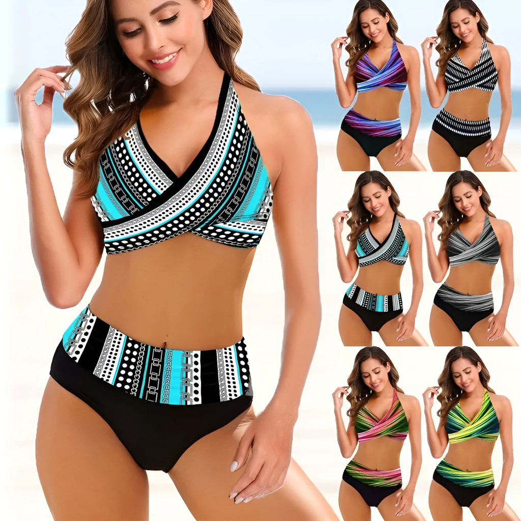 Ladies high-waist striped tie-dye bikini set with backless top on a mannequin.