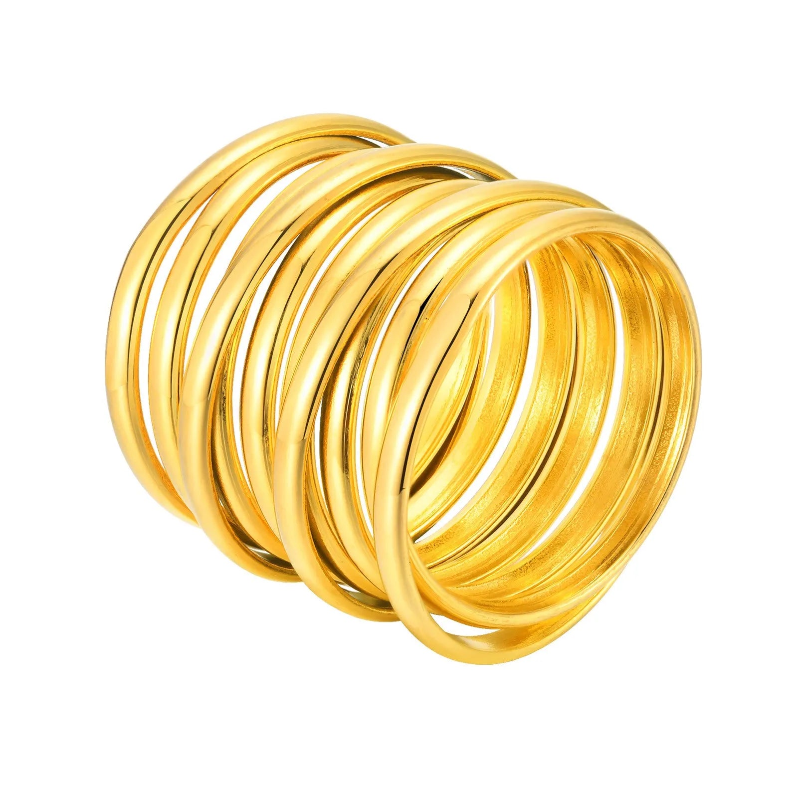 Gold electroplated stainless steel multi-loop multi-layer ring on white background in US size 7