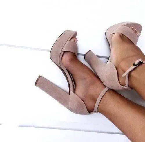 Summer women's casual high heels with chunky heel in beige, PVC upper, side view