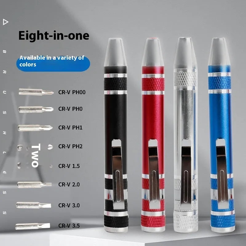 8 in 1 pen screwdriver set with aluminium alloy handle and multiple coloured bits