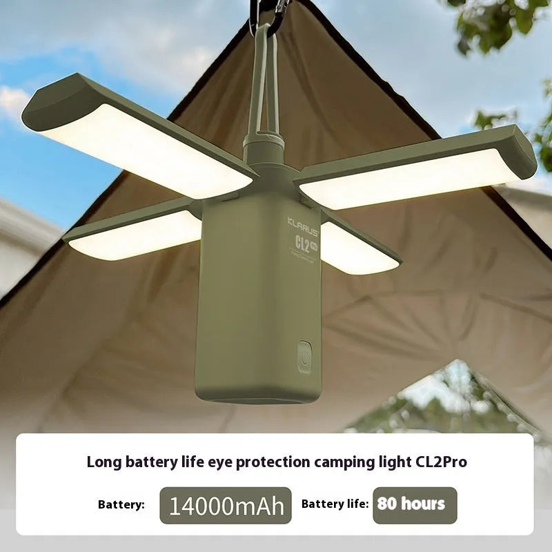 White and green rechargeable outdoor camping lamp with USB charging cable