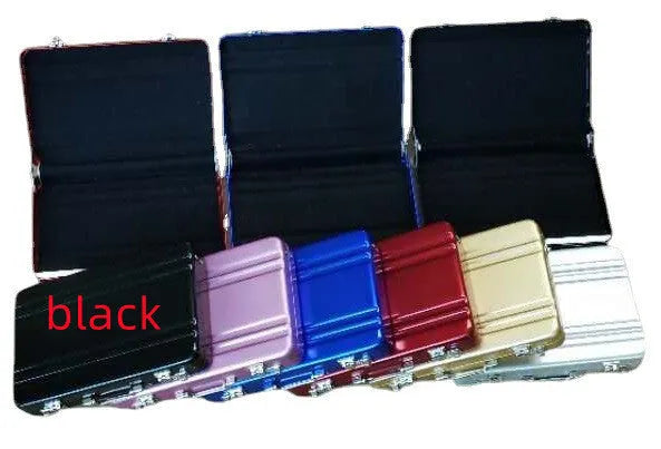 Aluminium alloy metal card holder in six colours showing 100x65x16mm dimensions